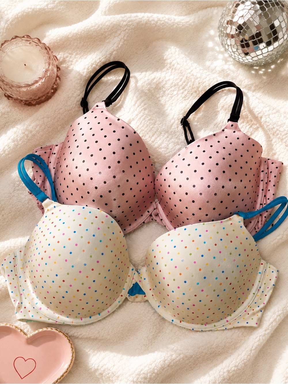2 Victoria’s Secret 38D VS Polka Dot Padded T Shirt Bras Bundle Lingerie Flirty